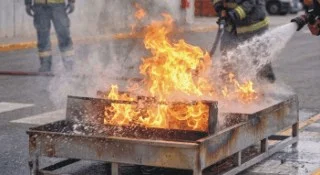 BRIGADA DE COMBATE DE INCENDIOS, SOFOCANDO FUEGO DE SOLVENTE QUIMICO EN EL PATIO DE UNA EMPRESA