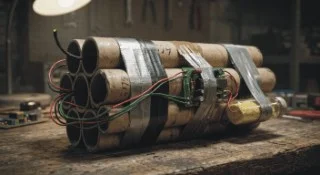 EJEMPLO DE UNA BOMBA  CLASICA, CON EXPLOSIVO, Y SISTEMA ELECTRONICO DE ACTIVACION A DISTANCIA