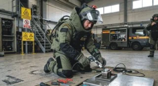 EXPERTO EN EXPLOSIVOS CON EQUIPO DE PROTECCION ANTIBOMBAS, REALIZANDO SU DESARMADO