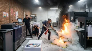 TRABAJADOR APAGANDO INCENDIO EN UNA IMPRENTA EN EL INTERIOR DE UNA NAVE INDUSTRIAL, CON UN EXTINTOR PQS