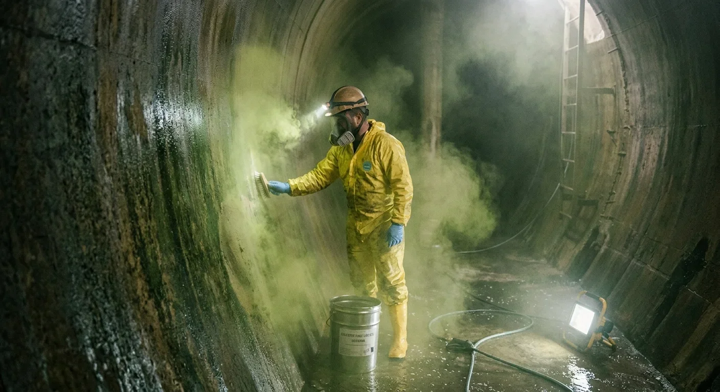 TRABAJADOR REALIZANDO  LIMPIEZA EN ESPACIO CONFINADO  UTILIZANDO SOLVENTE ORG&Aacute;NICO