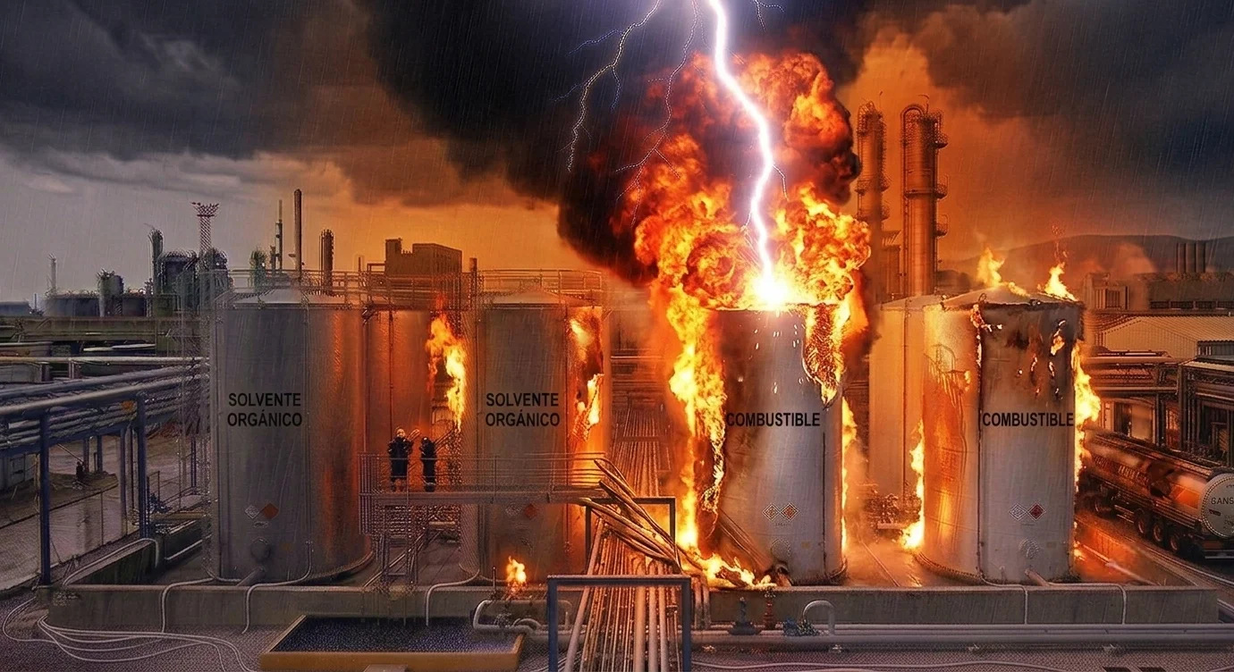 INCENDIO PROVOCADO POR UN RAYO IMPACTANDO  DEP&Oacute;SITOS DE COMBUSTIBLE