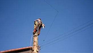 FOTO DE UN TRABAJADOR TREPANDO UN �RBOL PARA PODARLO, SUJETADO CON UN ARNES Y LINEA DE VIDA